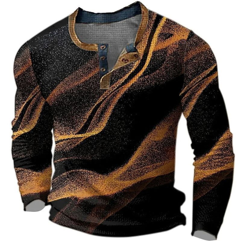 Camisas Henley con estampado 3D gradiente para hombre, ropa de calle masculina, camiseta Vintage de manga larga con botones