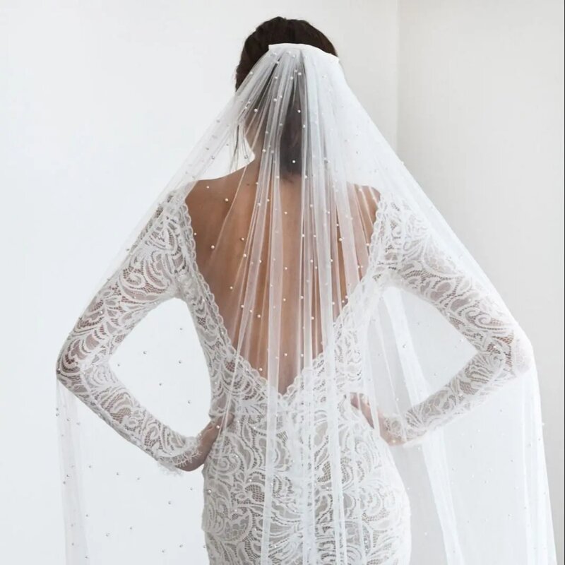 Kerudung pengantin mutiara berkilau, kerudung kain Tule lembut dengan sisir anggun kualitas tinggi, Aksesori pernikahan