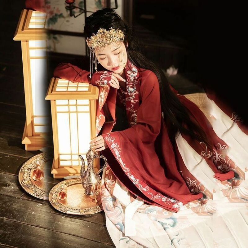 Vestido Hanfu estilo chinês para mulheres, saia longa com estampa tradicional, elegante conjunto de saia de festa, cosplay retrô, vermelho, meninas, novo, 2 cores