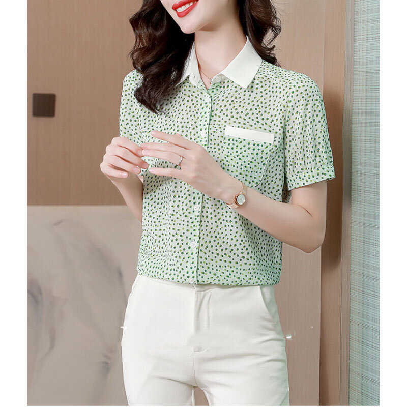 Nowy damski letni kontrastowy kolor z przypinanym kołnierzem modna prostota szczupły krótki rękaw koszuli w kropki
