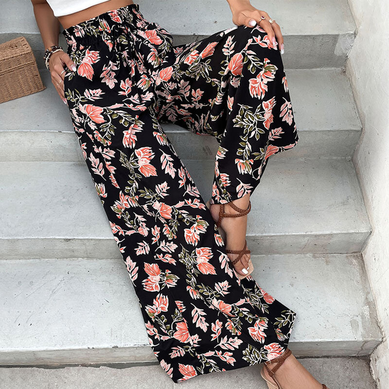 Hose mit weitem Bein, lässige und locker sitzende Palazzo-Damen hose mit Blumen druck, ideal für modischen und entspannten Stil