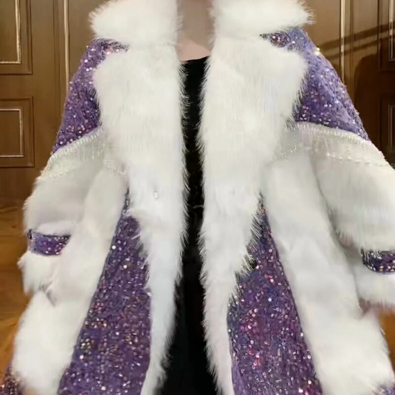 Heavy Industry Beaded Tassel Long Sleeve Fur Coat Female 2023 Autumn Winter Sequin Stitching Warm Mid-Length Faux Fur Coat Women