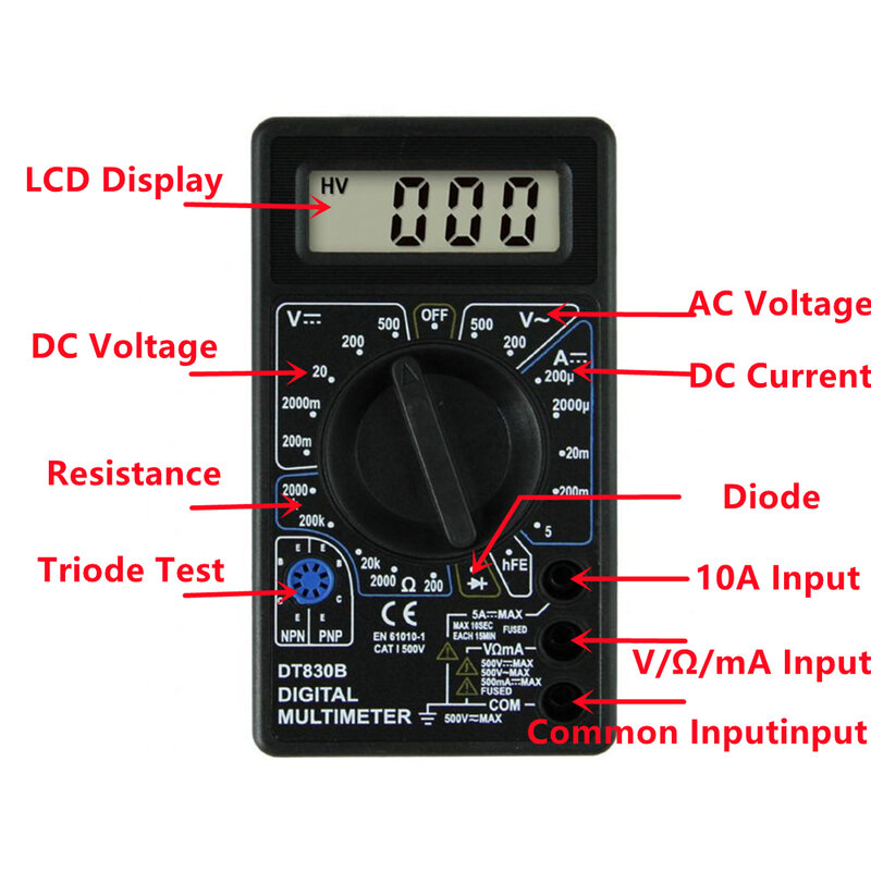 DT-830B Multímetro Digital, Voltímetro Elétrico, Amperímetro, Testador de Ohm, Mini Medidor Portátil, AC, DC, 750, 1000V, LCD