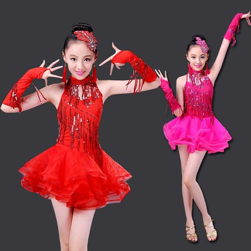 Dziecięca sukienka do tańca latynoskiego lato ubranie z pokazu dziewczynek nowa nowoczesna konkurencja cekinowa frędzla trening taneczny sukienka na występy
