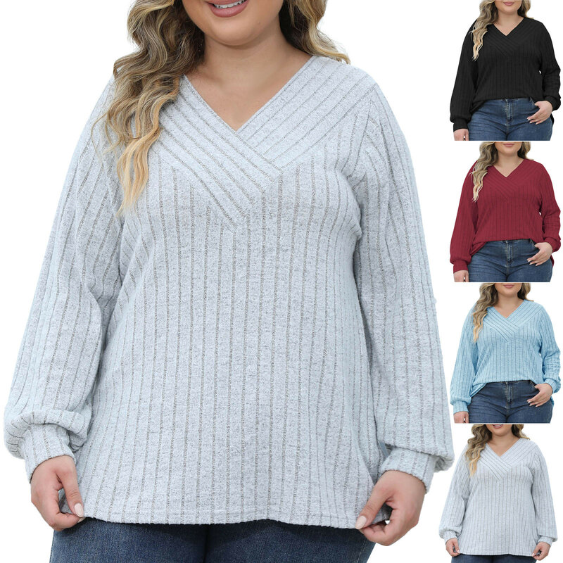Sweater biru wanita, 2023 musim gugur musim dingin mode baru leher V lengan panjang ukuran besar jumper Chic kasual rajut pullover Femme