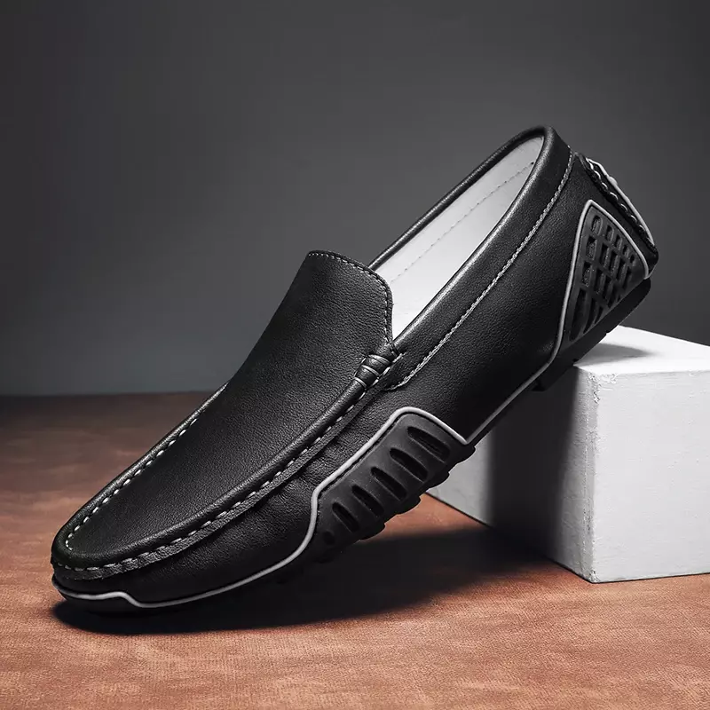 أحذية بدون كعب من الجلد ذات العلامات التجارية للرجال ، أحذية مصنوعة يدويًا ، أسود ، قيادة غير رسمية ، نعل مسطح ، منزلق ، مقاس كبير 46 47 48
