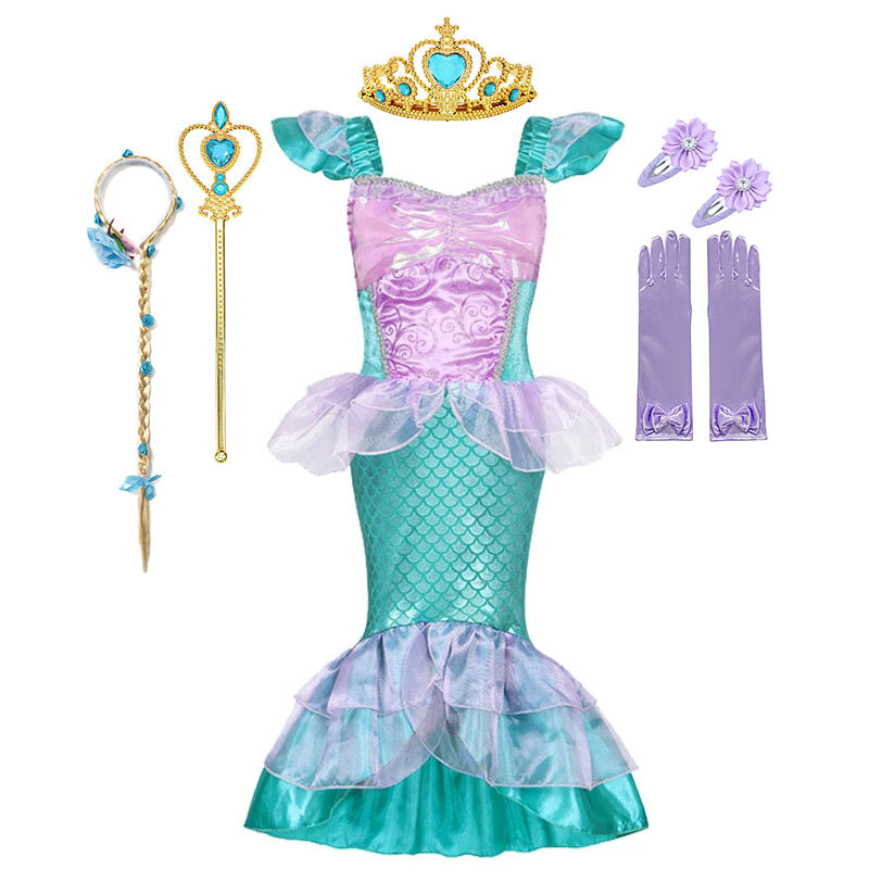Kostum Mewah Anak Perempuan Putri Duyung Kecil Disney Gaun Cosplay Putri Ariel Gaun Ekor Ikan Anak-anak Baru Pesta Karnaval