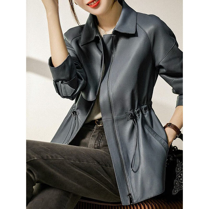 Casaco de couro feminino com zíper, cor pura, azul, jaqueta de temperamento solto, casaco feminino, cintura, nova moda, primavera e outono, 2024