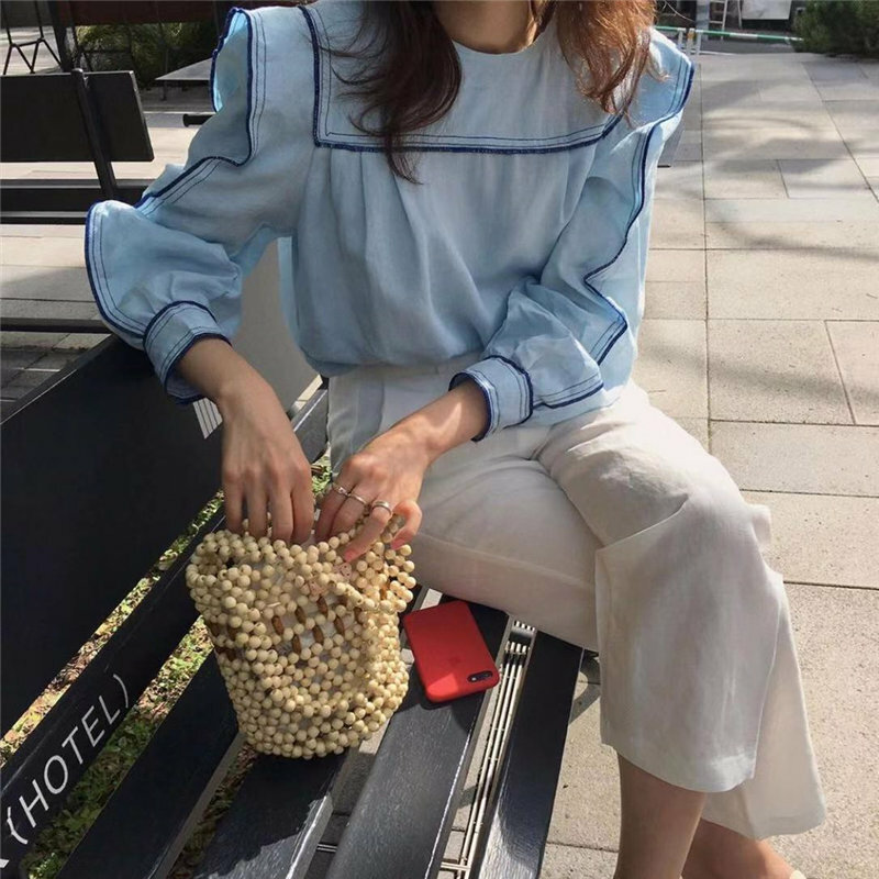 Arazooyi Chic Early Autumn Preppy Style Color-Hit Sweet Fashion Women Sailor Collar Tops Fresh Puff-Sleeved All-Match Shirts