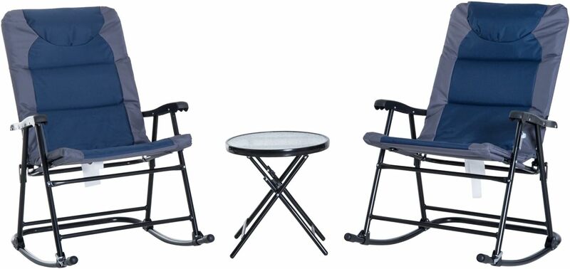 3-częściowy Patio na świeżym powietrzu zestaw mebli z szklany stolik do kawy i 2 składane wyściełane fotele bujane, w stylu Bistro na ganek, kemping