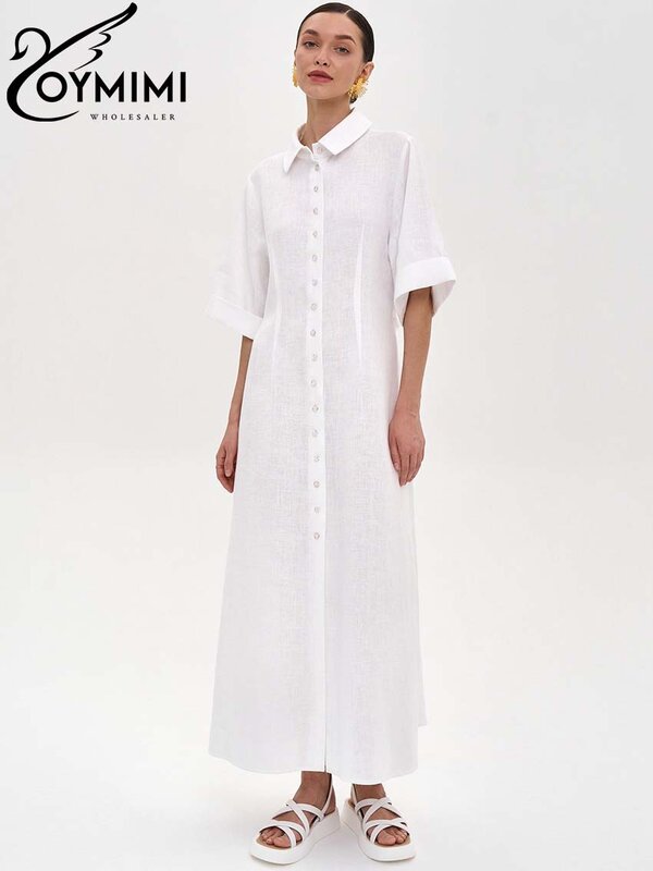 Oymimi Fashion White Lapel Women's Dress Elegant Half Sleeve Single Breasted Dresses Casual Straight Ankle-Length Dresses Female