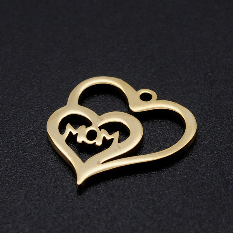 5pcs Stainless Steel MOM Jewelry Charms Shiny Mama Heart Pendant for Mother's Day DIY Gift Handcraft Antiallergic 15x15x1mm