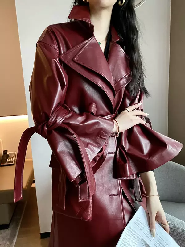 Women's Lace-up Temperament Coat Suit Collar Bell Sleeve Trench Coat Sheepskin Genuine Leather Clothes