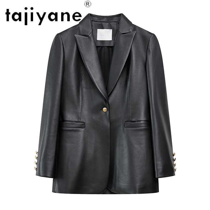 Tajiyane-jaquetas de couro de carneiro genuínas para mulheres, casaco de comprimento médio, blazers elegantes, couro verdadeiro, estilo coreano, novo, 2024