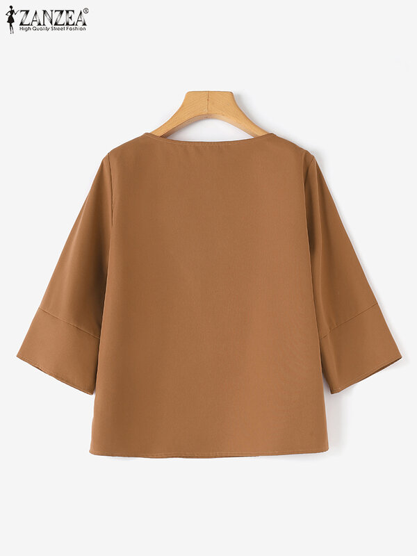 Elegancka prosta solidna bluza ZANZEA damska bluzka z pół rękawem 2024 letnia dwuwarstwowa koszula Casual tunika z okrągłym dekoltem Oversizd