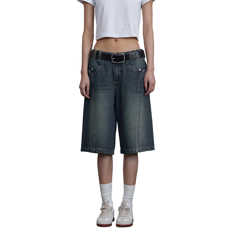 Джинсовые мешковатые шорты Y2k, женские джинсовые брюки 2024 с широкими штанинами, свободные шорты до колен, укороченные джинсы бочонка, мужские брюки с низкой талией