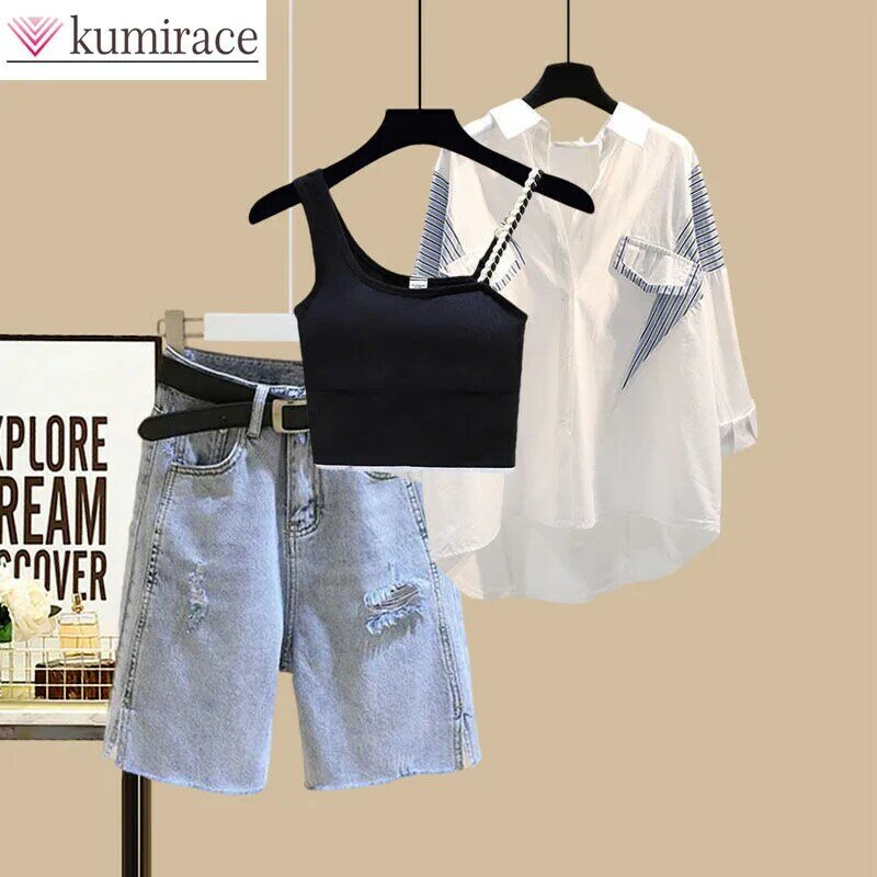 Frühjahr/Sommer Mode Set Damen neues Sonnenschutz hemd abnehmen schlanken schlanken Riemen vielseitige Jeans shorts dreiteiliges Set