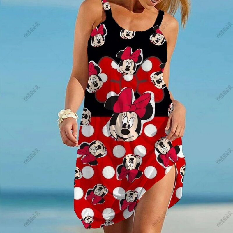 Women's Dress Robe Elegant Dress For Women 2024 Disney Mickey Mouse Print Party Sleeveless Top Sling Woman Clothes Boho Cartoon