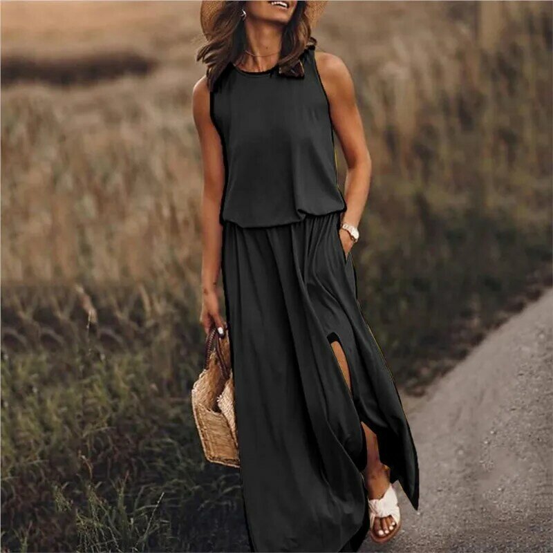 Women's Round Neck Sleeveless Dress Slit Solid Color Casual Long Skirt Women's Fashion Spliced ​​Summer Dress Vestido Negro