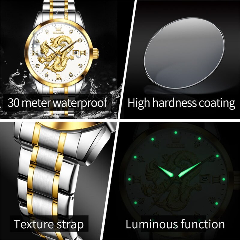 OLEVS New Fashion 3D scolpito Dragon Dial Design orologio al quarzo da uomo in acciaio inossidabile impermeabile orologi da uomo di lusso Relogio Masculino