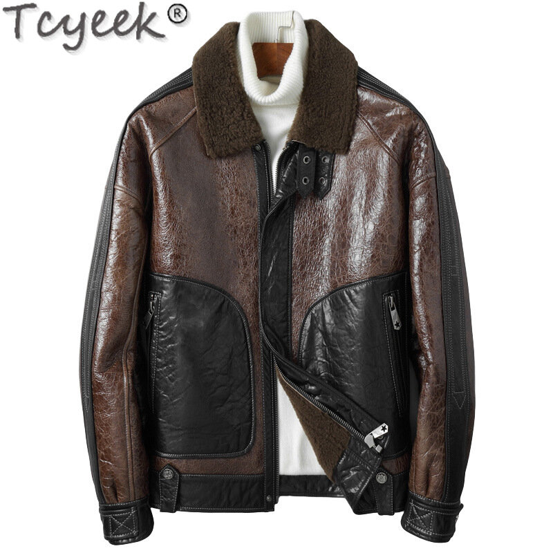Tcyeek Genuine Leather Man Jackets Winter Warm Natural Sheepskin Fur Coat Men Clothes Short Motcycle Real Fur Jacket Fashion LM