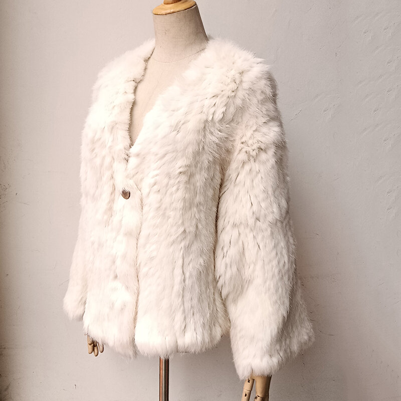 Mantel Bulu Kelinci Asli Wanita Mode Longgar Jaket Bulu Asli Tebal Hangat Mantel Luaran Bulu Alami Musim Dingin Wanita