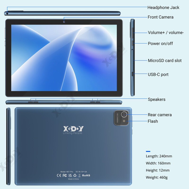 XGODY-Tablette Android N01 10 pouces, 4 Go 64 Go, écran IPS, 4 cœurs, ultra-mince, 5G, WiFi, Bluetooth, GPS, clavier PC en option