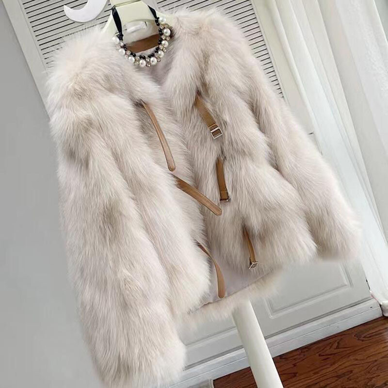Pakaian luar bulu rubah imitasi baru musim gugur musim dingin mantel wanita kantor gaya sederhana wanita mantel 2023 mode hangat bulu palsu mantel pendek