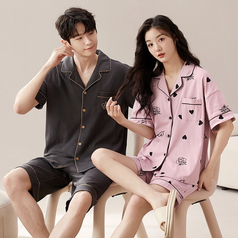 Pijama de algodão de manga curta masculino e feminino, pijama casual cardigã casal loungewear roupas de verão