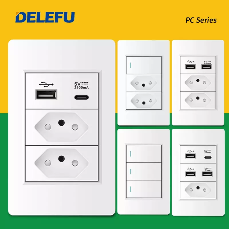 DELEFU Fireproof PC Panel Brazil Standard Outlet Double USB Type C Wall Power Socket Light Switch Office 118*72mm White 10A 20A