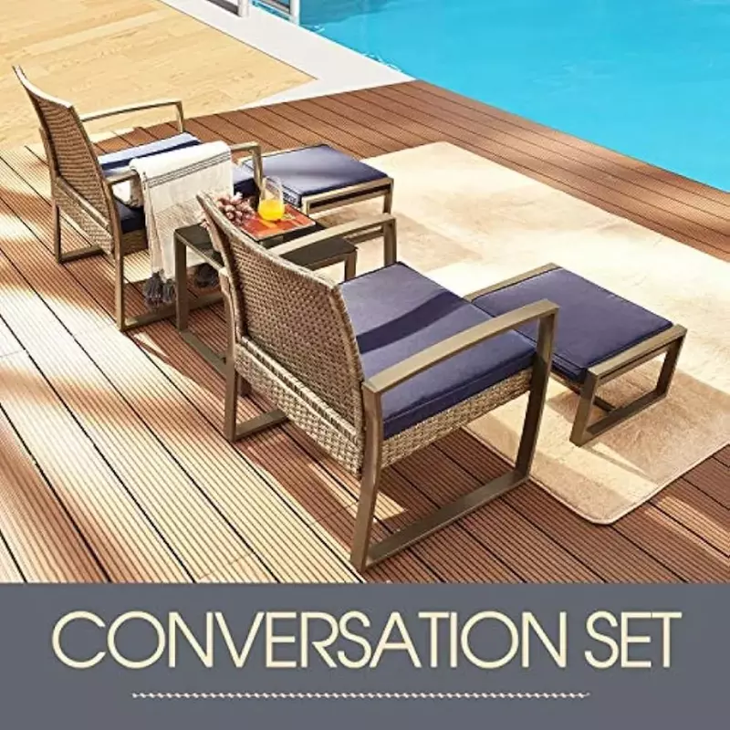 Silla tapizada de ratán PE para todo tipo de clima, sillas de jardín al aire libre y mesa de terraza, juegos de sesiones al aire libre, jardines y balcón