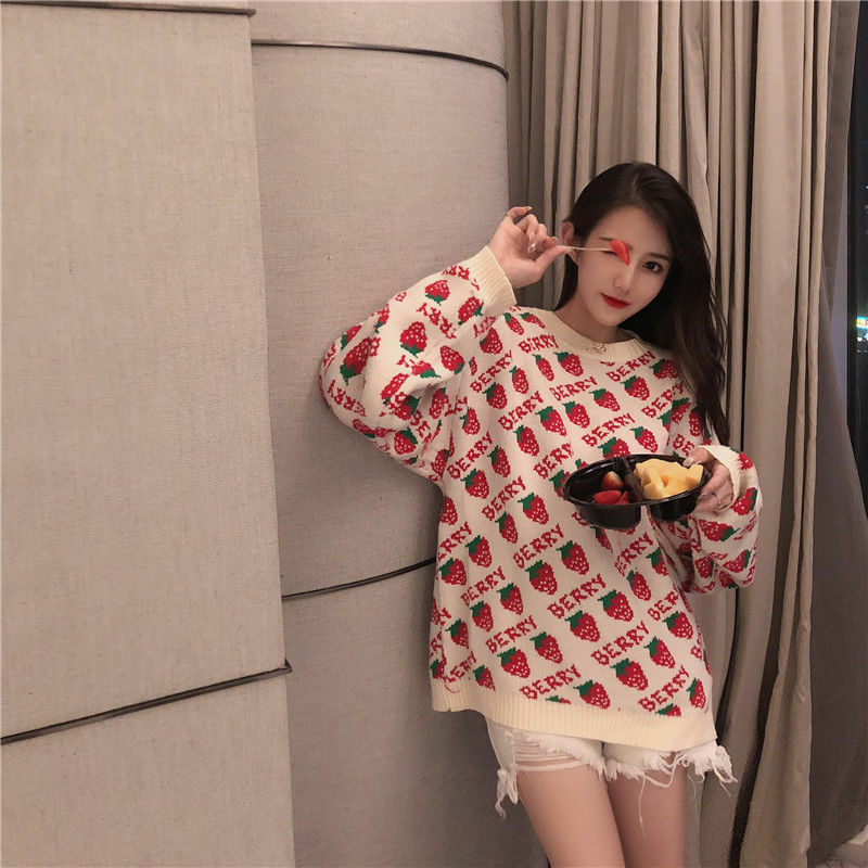 DAYIFUN – chandails tricotés à col rond pour femme, chandail mignon à manches longues avec broderie de fraises, ample et surdimensionné