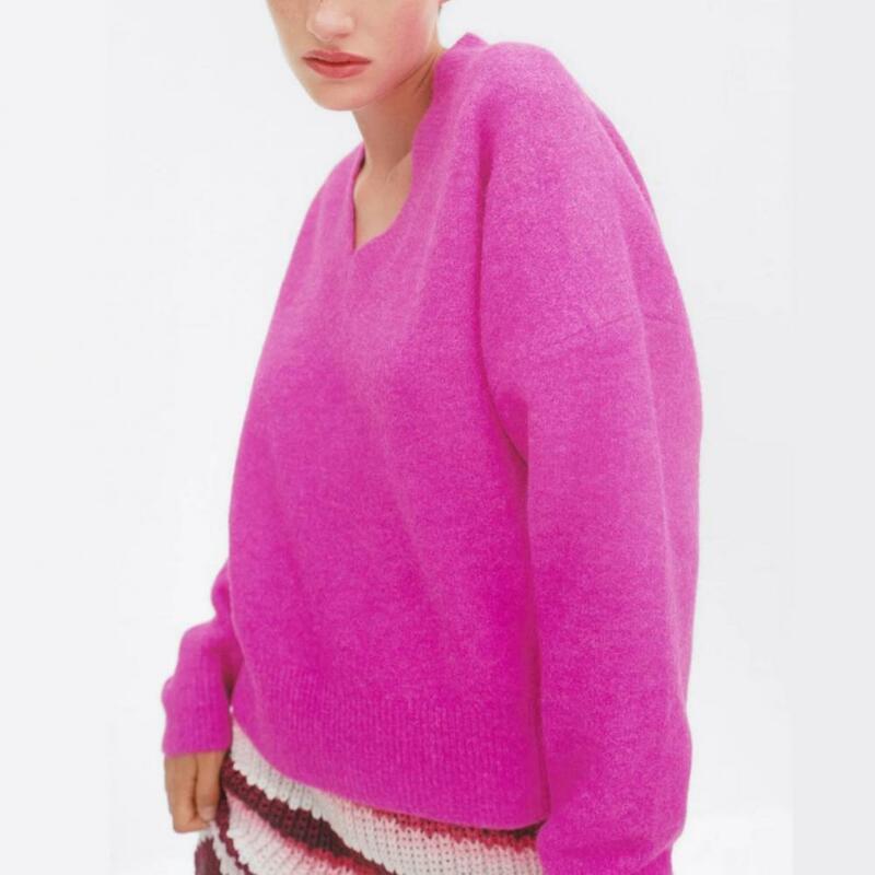 女性用長袖リブ編みセーター,Vネック,厚手の暖かいセーター,無地,ゆったりとしたセーター,婦人服