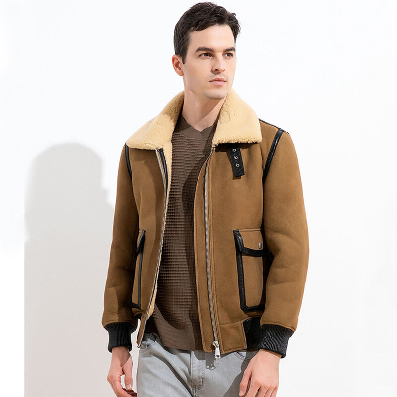 2022 luhayesa novos homens casaco de pele real camurça couro marrom casual inverno quente engrossar couro genuíno pele carneiro jaquetas