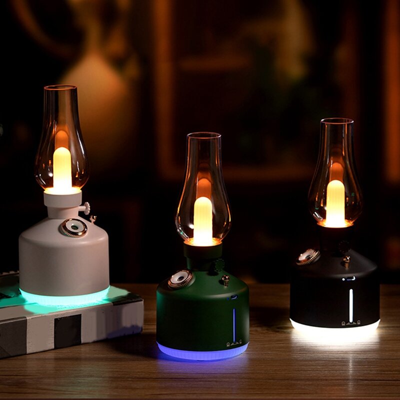 Retro Coal Oil Lamp Model LED Night Light Mute Mist Maker USB Rechargeable Wireless Mini Air Humidifier For Car Office