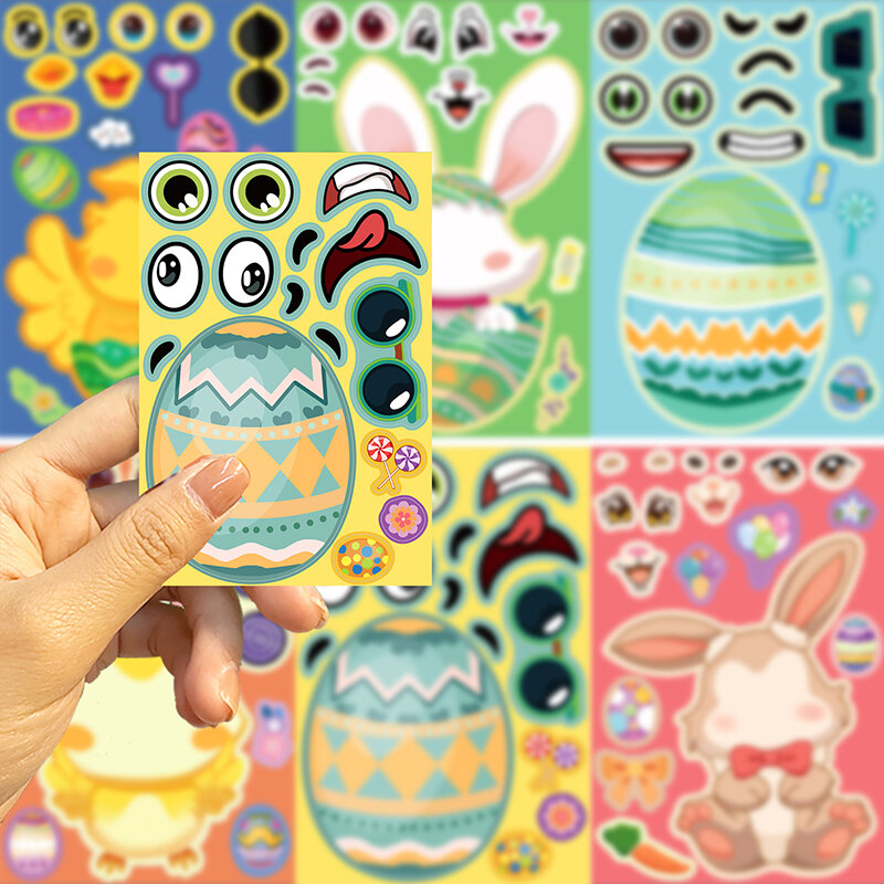 8 Sheets Children DIY Easter Puzzle Stickers Make-a-Face Cute Animals Cartoon Decals Jigsaw Toys For Kids Educational Gift