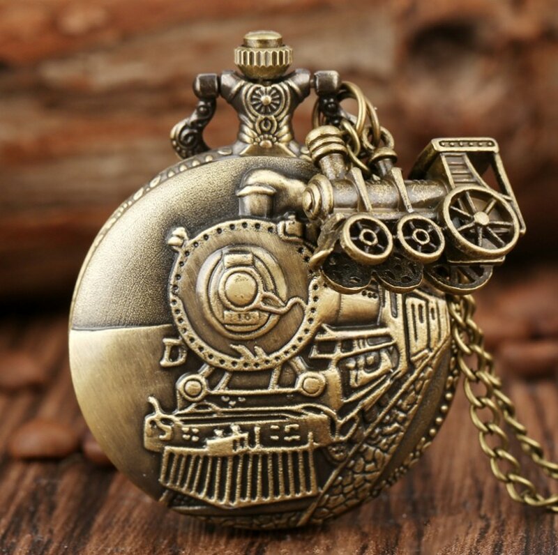 Classic Retro Steampunk Train Quartz Pocket Watch with Necklace Chain Pendant Gift for Male Men Vintage Clock