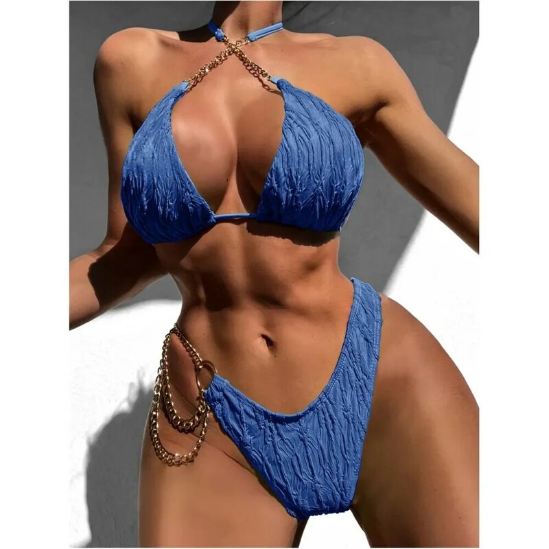 Bikini con cadena de Metal para mujer, traje de baño con espalda descubierta, bañador Sexy en relieve, traje de baño de dos piezas para playa
