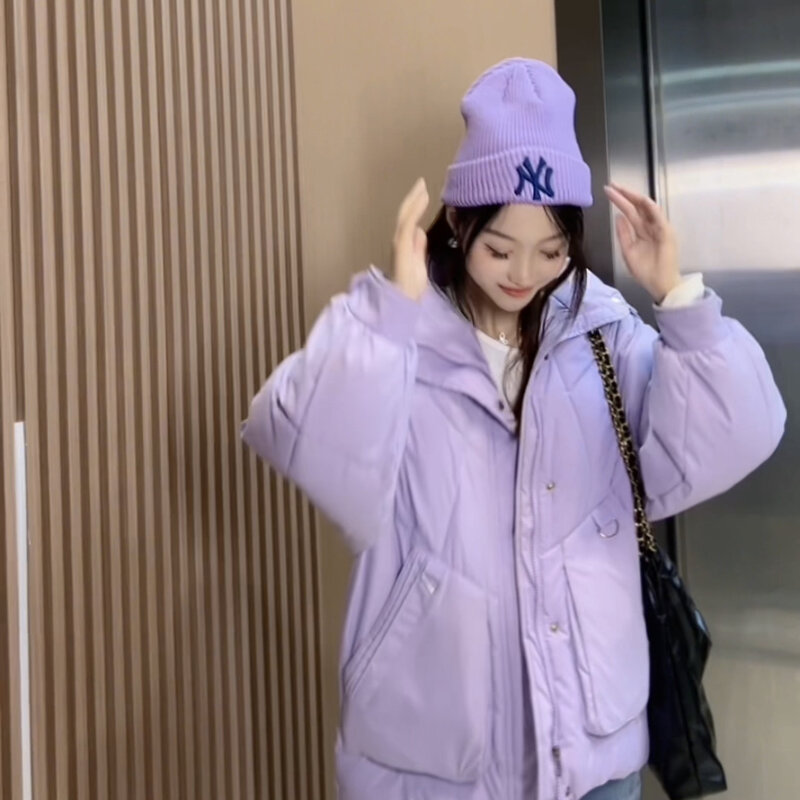 Jaket hoodie wanita, jaket pendek musim dingin tebal, mantel berkerudung bantalan katun Korea longgar P21 2023