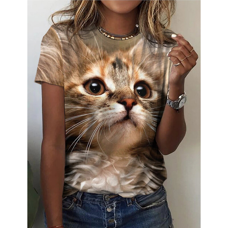 Kaus wanita motif kucing anjing 3d, pakaian wanita atasan Harajuku Kawaii ukuran besar kerah O Musim Panas 2024