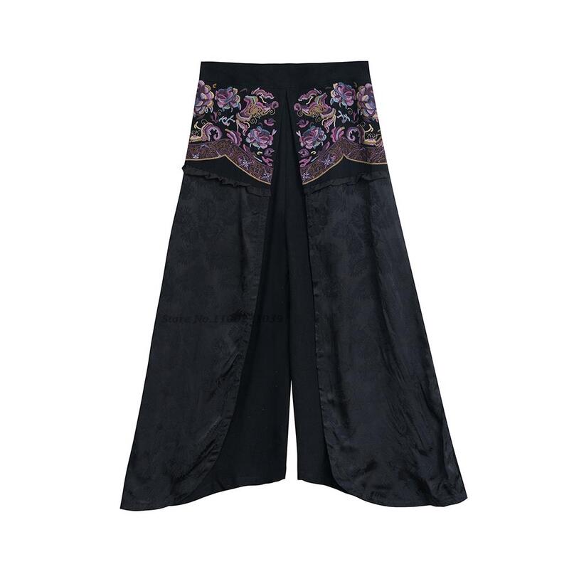 Pantalon traditionnel chinois harajuku pour femmes, vintage, fleur, littérature, jambes larges, élastique, audistraight, jupe, 2024