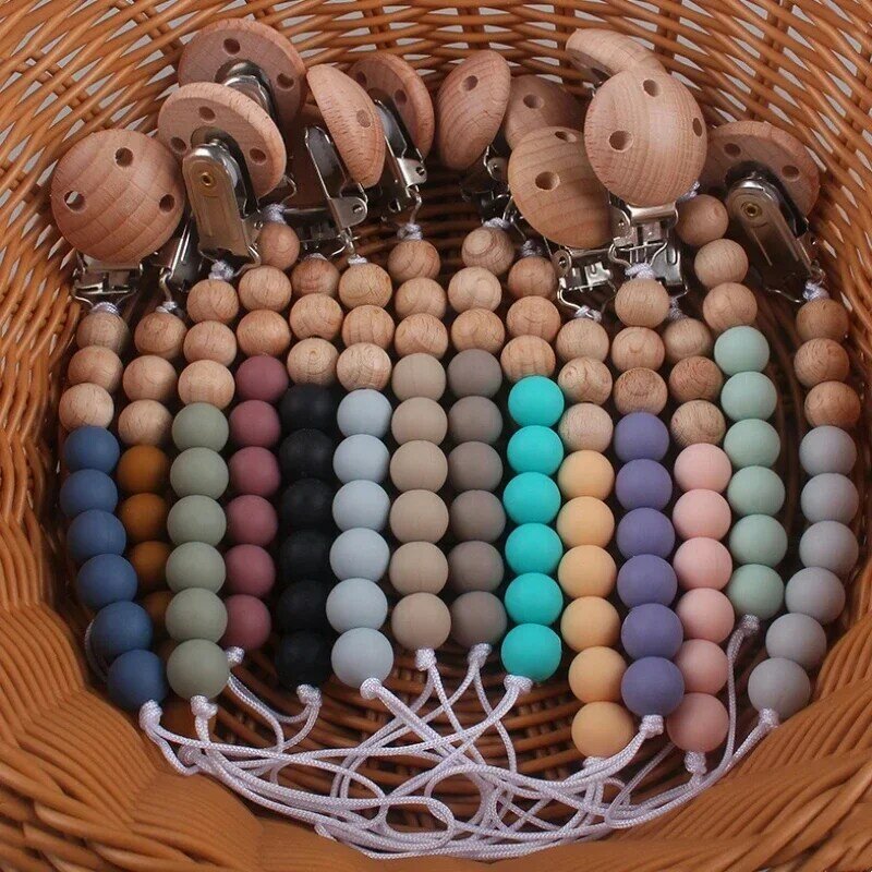 Wooden Baby Anti-drop Chain Pacifier Clips Silicone Beads Infant Nipple Appease Soother Chain Clips Dummy Holder Nipple Clip