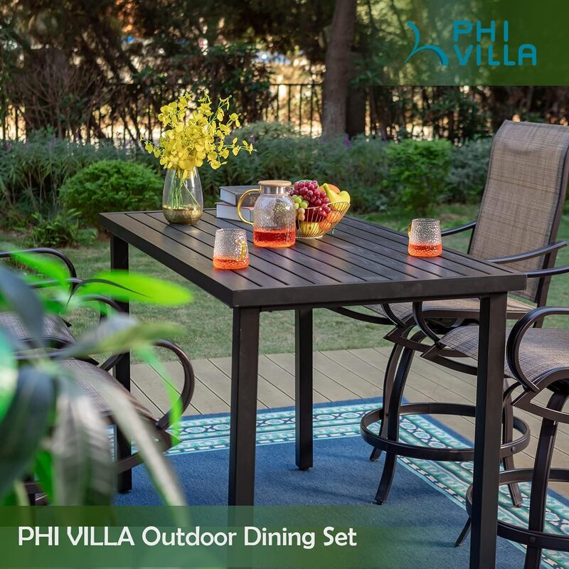 Sedia girevole altezza bancone con tavolo rettangolare in metallo, tessuto Textilene e Set Patio alto impermeabile ad asciugatura rapida per giardino