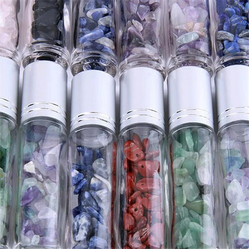 30pcs/set 10ML Natural Jade Ball Crushed Stone Bottle Thin Glass Roll on Bottle Sample Test Essential Oil Vials With Roller 4#