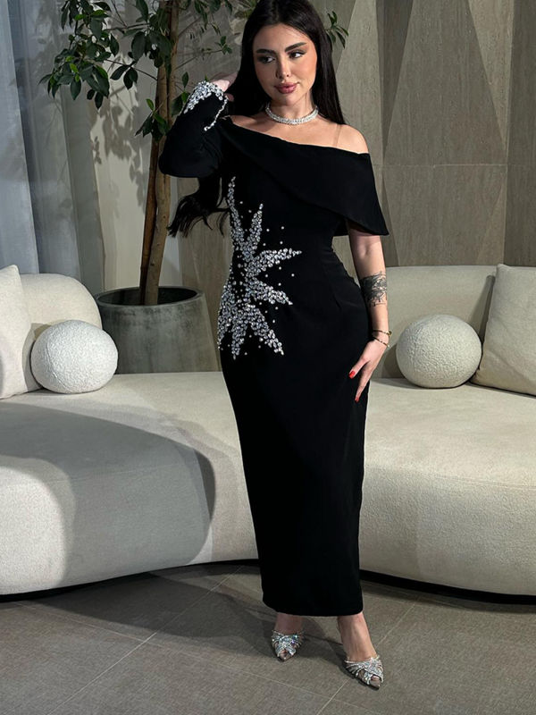 Jirocum-Vestido de baile feminino com um ombro, vestido de noite sereia, comprimento do tornozelo, preto, vestido formal para ocasiões, Arábia Saudita, 2021