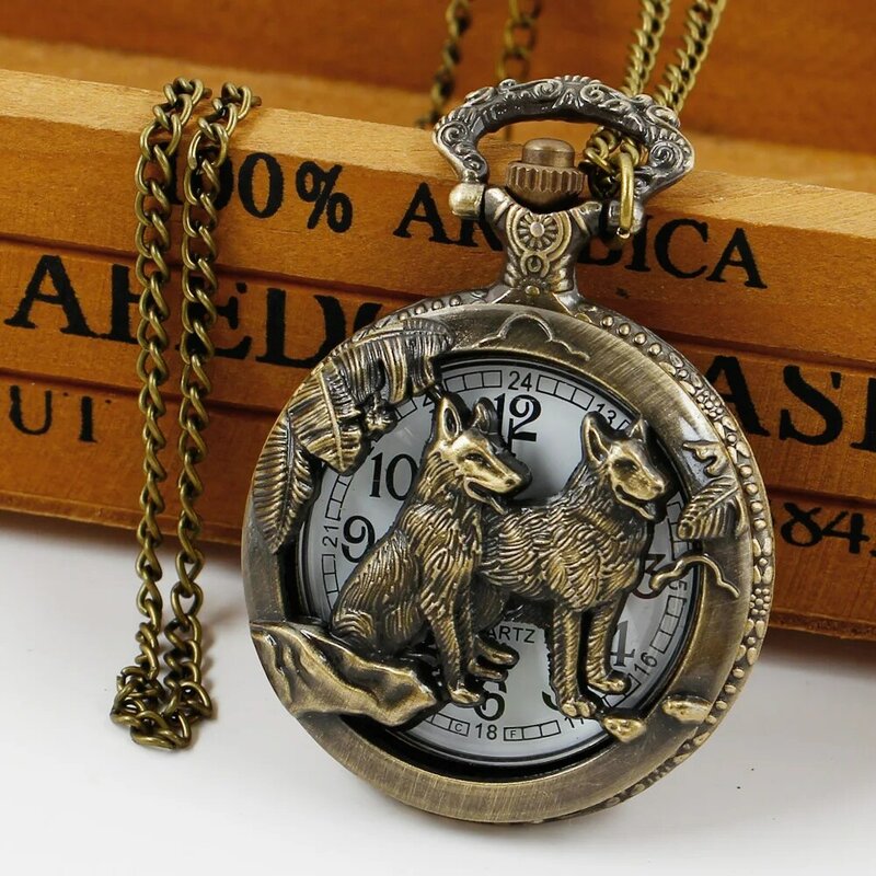 Cool Hound Wolf Dog Design Oco Quartz Pocket Watch Antique Bronze Necklace Pingente Relógios Mulheres Homens Presentes