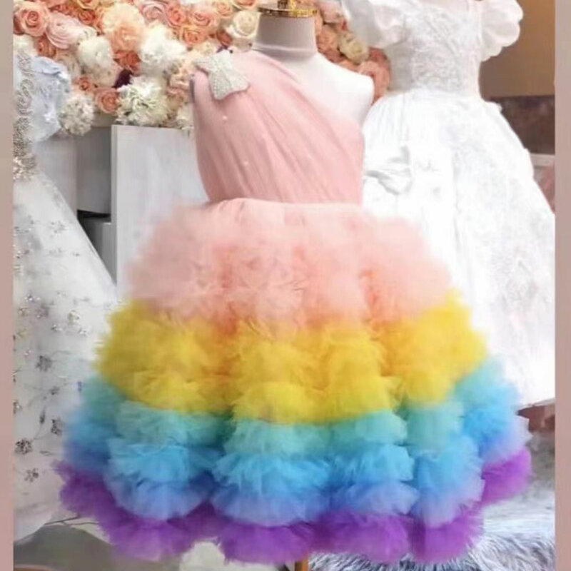 Jill Wish Elegant Colourful Pearls Flower Girl Dress Princess Baby Kids Wedding Birthday First Communion Party Gown 2024 J332