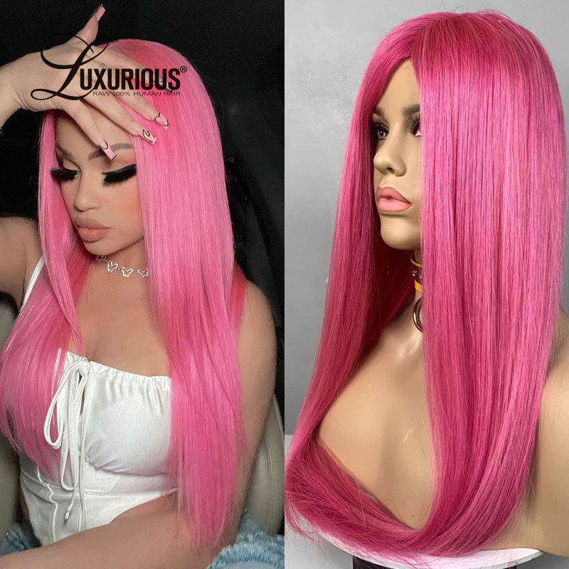 Pelucas frontales de encaje transparente para mujeres negras, cabello humano virgen prearrancado brasileño, color rosa, largo, ondulado, 13x4