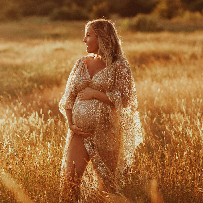 Maternity Photography Gown Luxury Gold Shining Powder Mesh Long sleeved V-neck Dress Pregnant Women Photo Shoot Prop