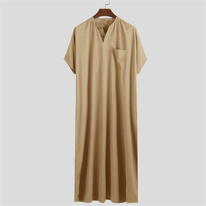 Caftán árabe islámico para hombres, bata Retro suelta de manga corta sólida Vintage, Dubai Abaya, vestido musulmán de Oriente Medio, ropa para hombres